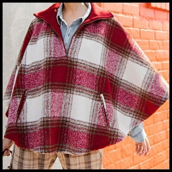 Easel Ultra Lux Cozy Red Plaid Wool Blend Poncho Cape Zippered Neck NWT - Picture 14 of 15